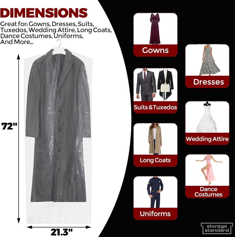 Storage Standard 60-Pack Extra Long Dry Cleaning Bags for Clothes 72-Inch Long - Clear Plastic Garment Bags for Hanging Clothes, Dry Cleaner Plastic Clothing Cover for Suits, Gowns, Coat, Dance Costumes & Long Dresses - Image 3